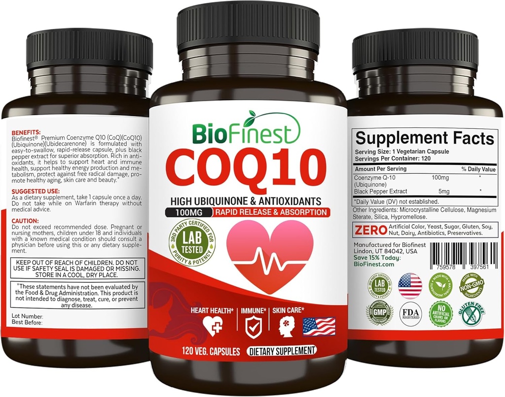 BioFinest CoQ10 CoEnzyme Q10 100mg Supplement - Snelle Release Snelle Absorptie - Immune Heart Energy Antioxidant (120caps)
