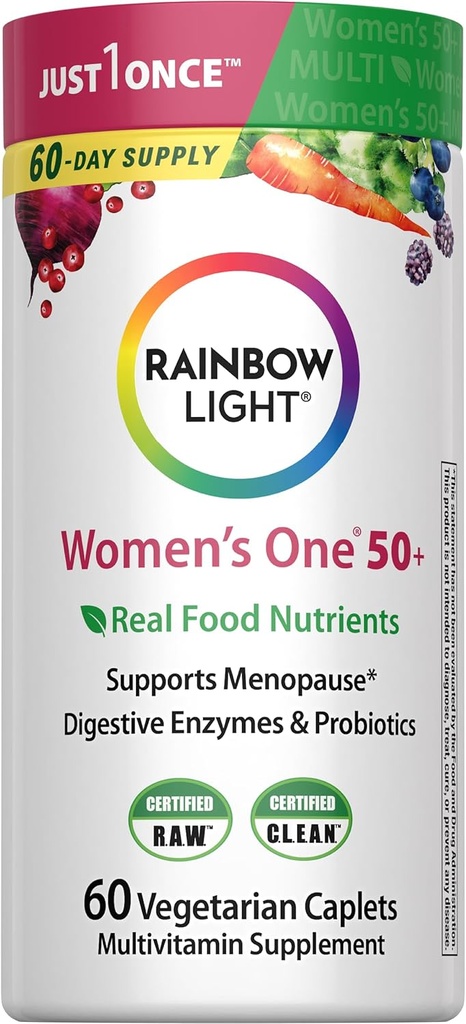 Regenbooglicht Multivitamine voor vrouwen 50+, Vitamine C, D & Zink, Probiotica, Vrouwen Eén 50+ Multivitamine Biedt hoge potentie Immune Ondersteuning, Niet-GMO, Vegetarisch, 60 Tablets