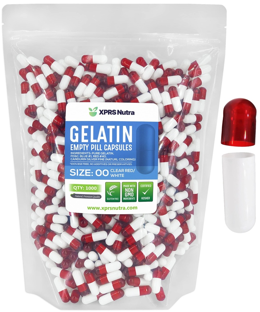 XPRS Nutra Formaat 00 Lege capsules - 1000 Telle Lege Gelatine Capsules - Pillen DIY Capsule Vulling - Vulbare Pill Gel Caps voor Do-It-Yourself Supplements (Weer rood/Wit)