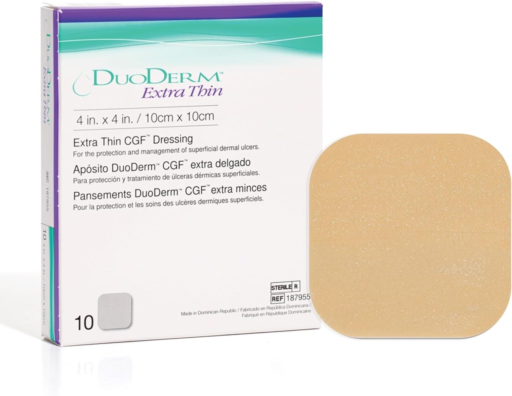 ConvaTec DuoDERM Extra dunne controle Gel Formule 4"x4" Hydrocolloïde Steriele hechting Dressing voor Oppervlakke Wonden, Lage Frictie, Latex-vrij, Waterdicht, Vierkant, Beige, 10ct Box
