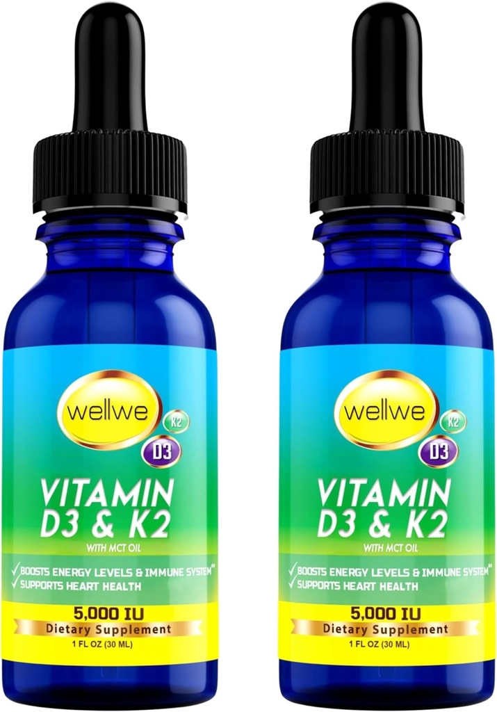 2 flessen Liquid Vitamin D3 K2 Drops 5000 IE met MCT olie - Vegan Liquid Vitamin D Supplement op Boost Energieniveaus, Mood en Immuun Systeem, Unflavored, No Odor, Gluten-Free, Non-GMO, 2 Fl Oz
