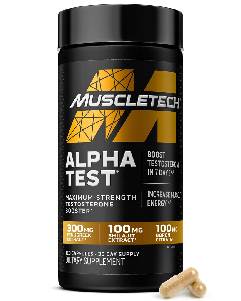 MuscleTech Testosteron Booster voor mannen, AlphaTest - T-Boost Heren Supplement met Tribulus Terrestris & Boron - Daily Male Gym Workout Supplementen voor spiergroei, uithoudingsvermogen en energie - 120 pillen