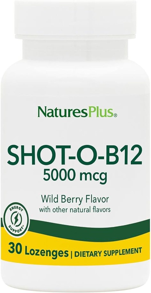 NaturesPlus Shot-O-B12-30 Lozenges, Wild Berry Flavor - 5000 mcg - Vegan, Gluten Free - 30 Servings