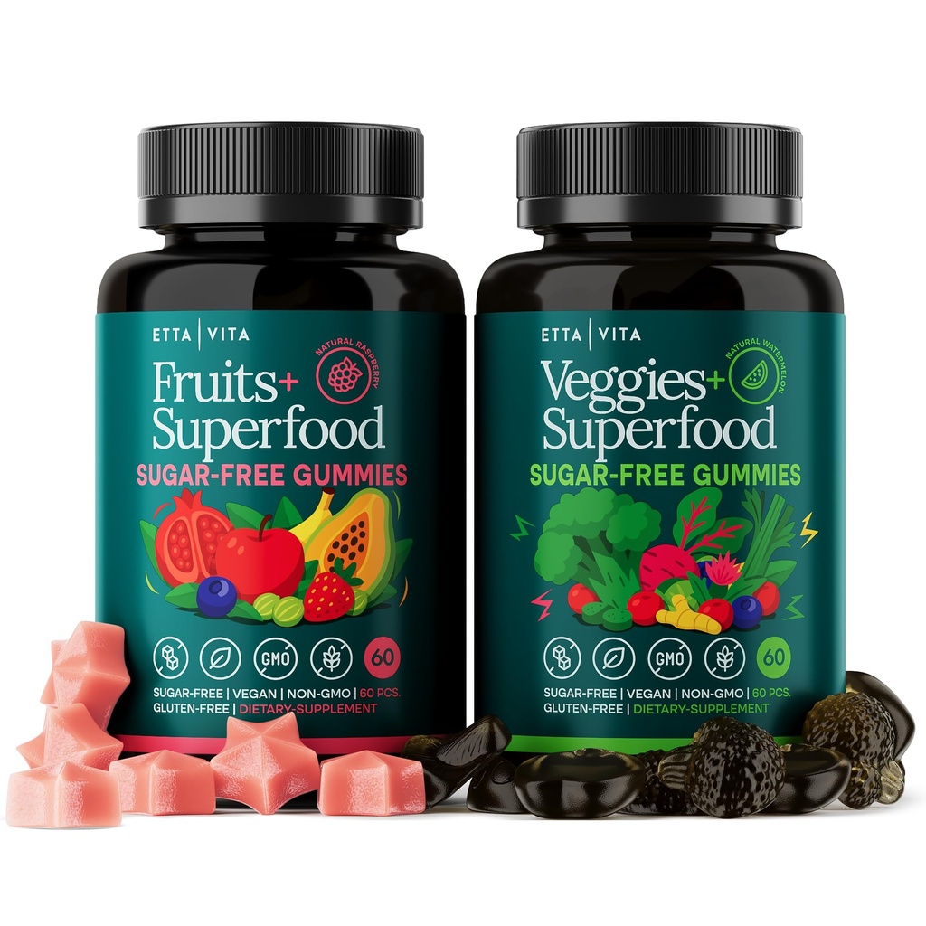 Everyday Debloat & Detox Sugar-Free Fruits and Veggies Gummies - Energy Support met Superfood Fruit en Plantaardige Supplement (120 Kauwen) Wreed-vrij, Veganistisch, Glutenvrij, Fruit en Plantaardige Vitamine