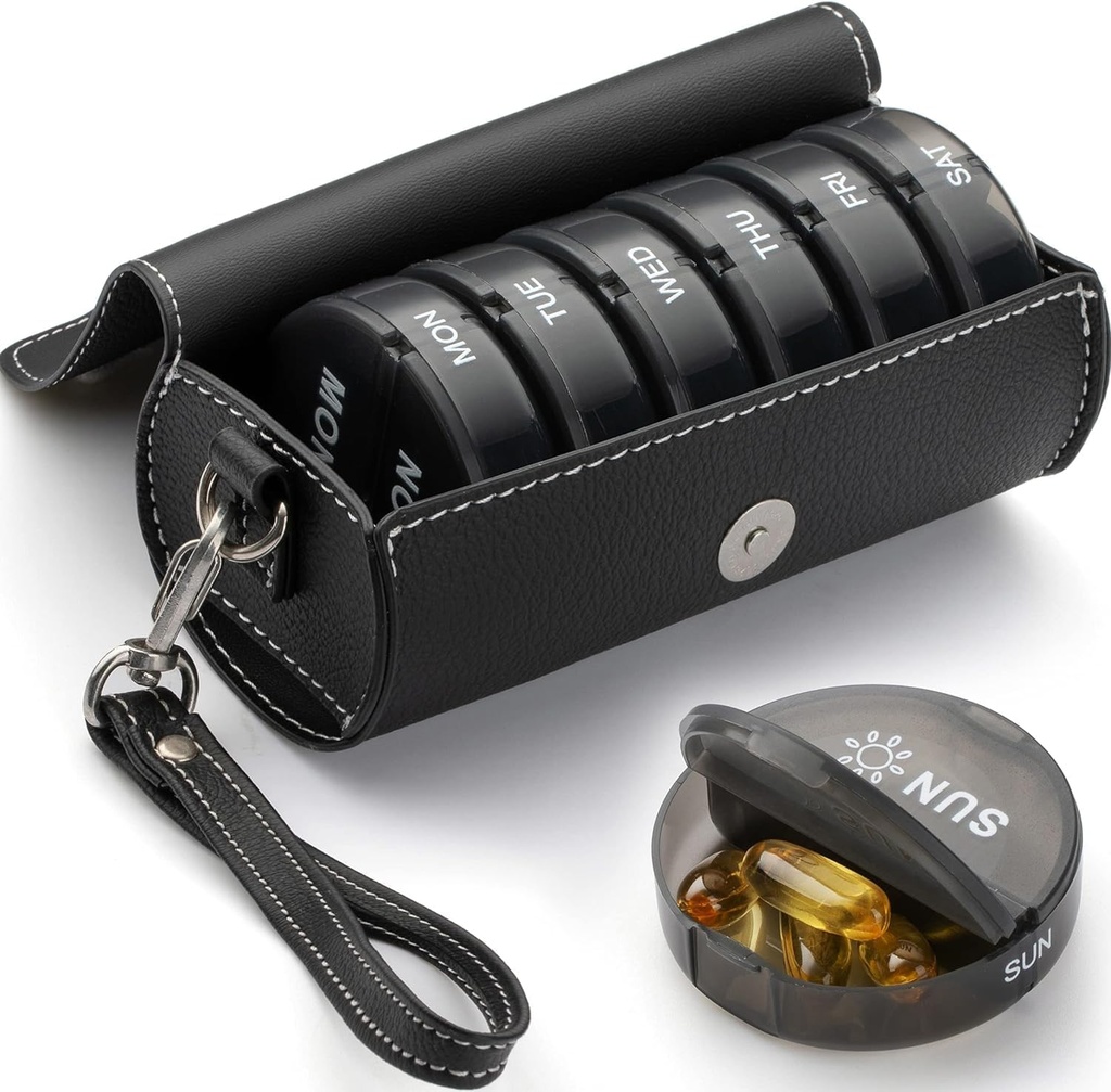 Weekly pil Organizer 2 keer per dag, AM Grote dagelijkse pil Box met PU lederen geval voor reizen,ound geneeskunde Organisator, 7 dagen pil container voor vitamine visolie supplement-zwart
