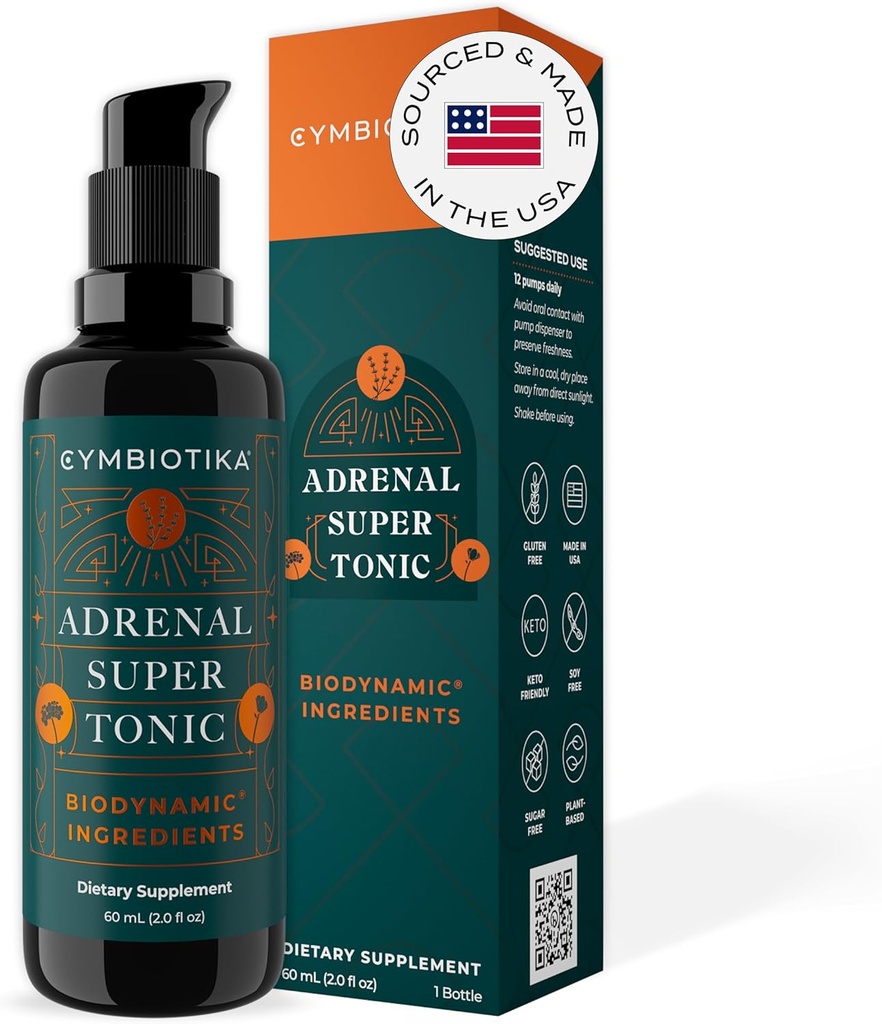 CYMBIOTIKA Adrenal Super Tonic Liquid Supplement met Ashwagandha, Zink, Lavendel, Heilige Basil, voor Immune Support & Relaxation, Glutenvrij, Veganistisch, Keto, Berry, 2 fl oz