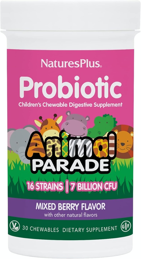 NaturesPlus Animal Parade Probiotic, Mixed Berry - 30 Kauwtabletten - Kinderen verteringssupplement - Ondersteunt Gut Health & Immune Functie - Veganistisch, Glutenvrij - 30 porties