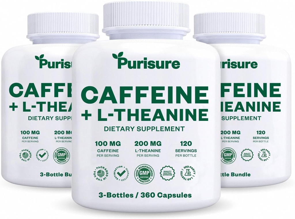 Purisure Cafeïne Theanine Capsules Pillen 100mg Cafeïne + 200mg L Theanine voor pre-workout energie, en helderheid energie pillen voor vermoeidheid, Nootrope supplement, 120 dagen levering, verpakking van 3