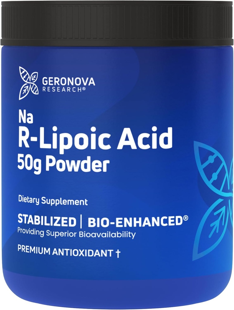 Geronova Research Bio-Enhanced Na R-Lipoic Acid Powder, 50g - 4 Month Supply - Stabilized R Alpha Lipoic Acid Powder for Flexible Dosage - Easy Mixing & Enhanced Absorption Nerve Support Supplement