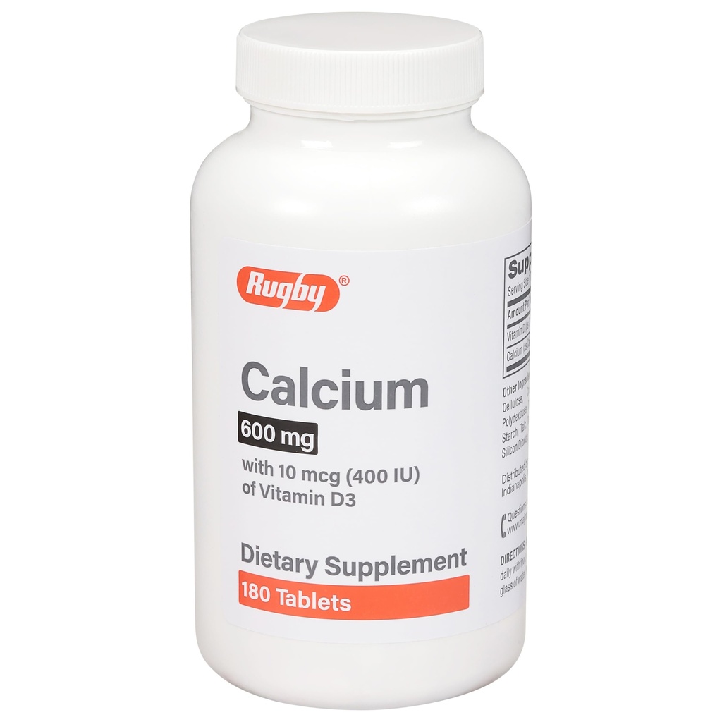 Rugby 600 mg Calcium tabletten - Gemaakt met 10 mcg (400IE) vitamine D3 - Dieetsupplement - 180 Tellen (1 Verpakking)