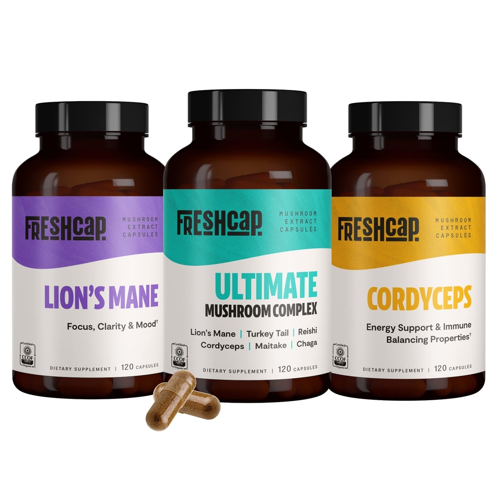 FreshCap Paddestoelen Populaire Paddestoelen Bundel, Capsules (Lions Mane, Cordyceps, Ultimate Mushroom Complex) Capsules
