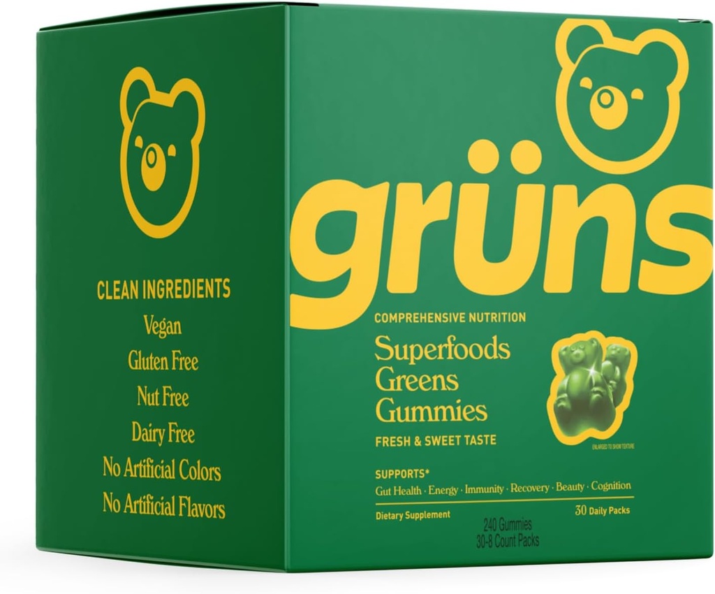 Gruns Super Greens Gummy Bears - Organische Spirulina en Chlorella, Prebiotica voor de spijsvertering gezondheid, 20+ Vitaminen en Mineralen - 30 sachets - 240 Gummies