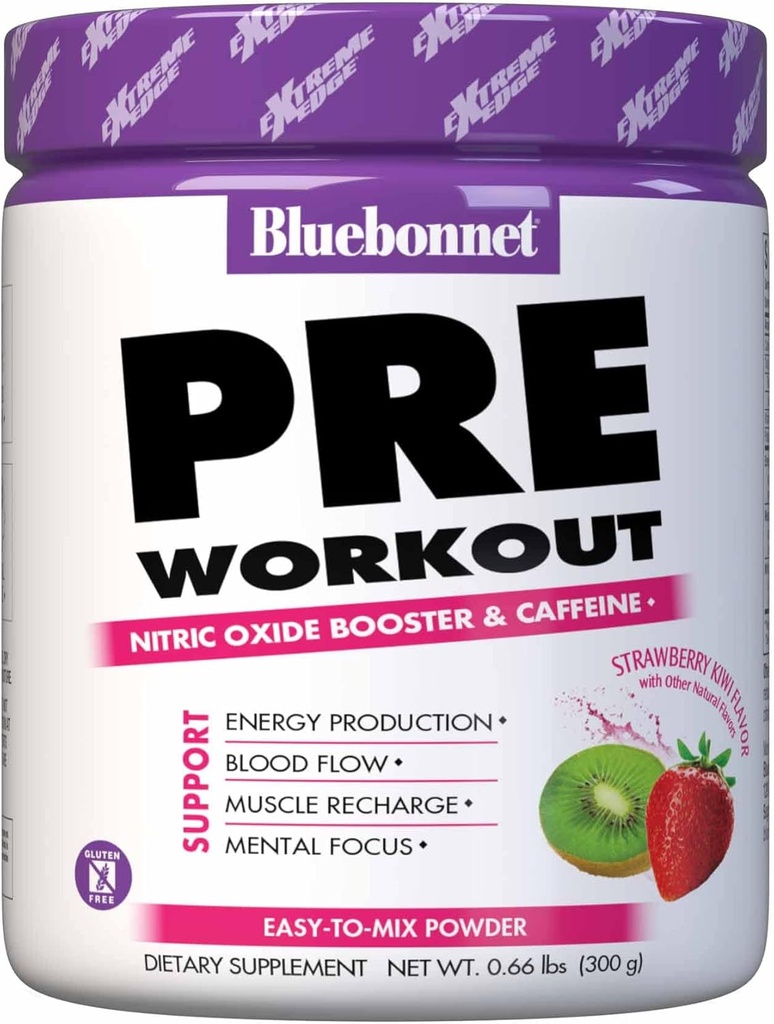Bluebonnet Nutrition Extreme Edge Pre workout, Muscle Recharging Formula*, verhoogt Nitric Oxide (NO) niveaus*, Soy-Free, Dairy-Free, Strawberry Kiwi, 30 porties, 10,56 Ounce