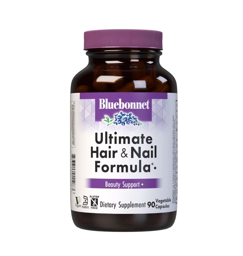 BlueBonnet Nutrition Ultimate Hair and Nail Formula, Vitaminen, Mineralen, Speciale Nutriënten voor Schoonheid Binnen, Glutenvrij, Kosher-Gecertificeerd, Dairy-Free, Vegan, 90 Plantaardige Capsules, 30 Servers, Wit
