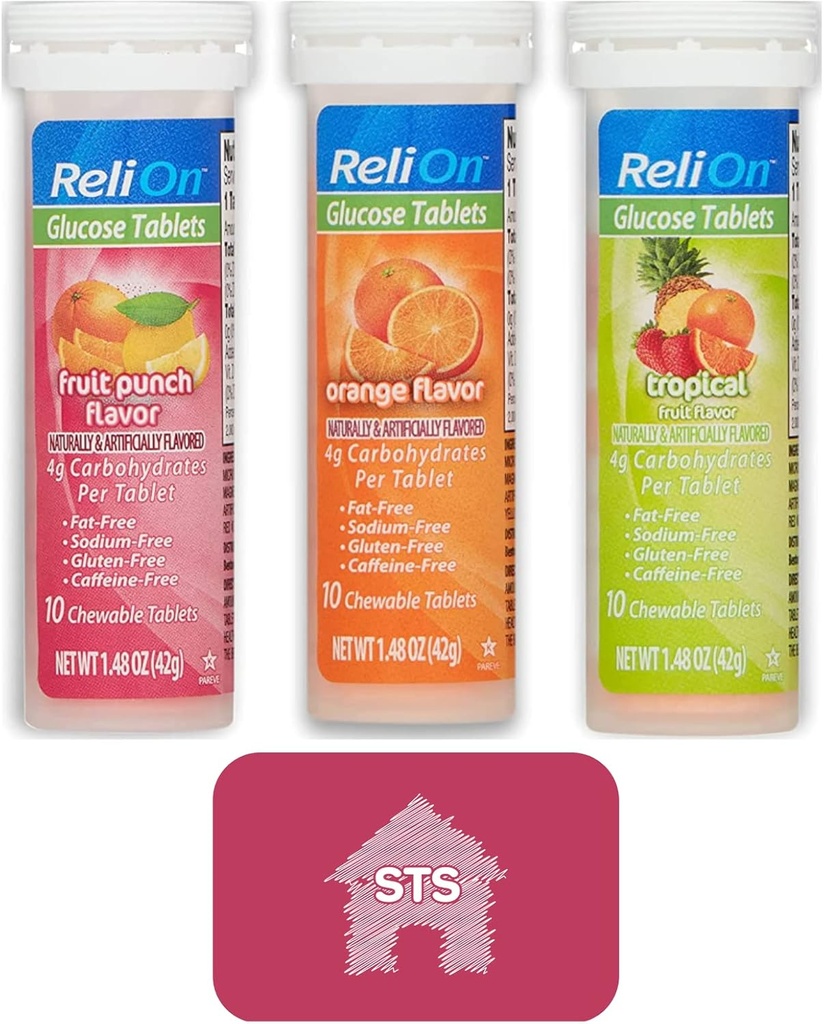 Relion Glucose Tablets (Mix Flavors) Oranje, Tropische en Fruit Punch - Totaal 30 tabletten + STS Sticker.