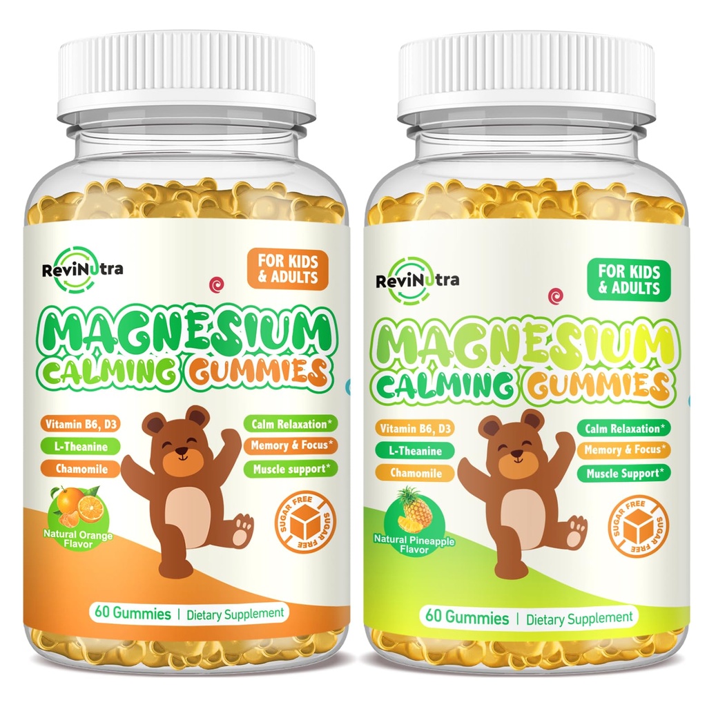 Magnesium Gummies for Kids - Magnesium Glycinate Supplement met L-Theanine, Vitamine B6, D3 voor volwassenen en kinderen, Kalm Magnesium voor slaap, ontspannen, hersenen, botten, oranje en ananas
