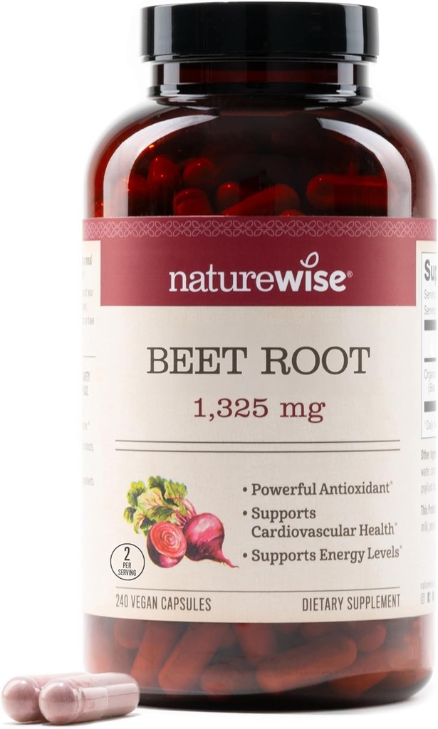 NatureWise Beetwortel Capsules 1325mg met biologische biet - Nitric Oxide Booster for Circulatie and Heart Health Support - Vegan, Glutenvrije, Non-GMO - 240 Capsules[120 Day Supply]