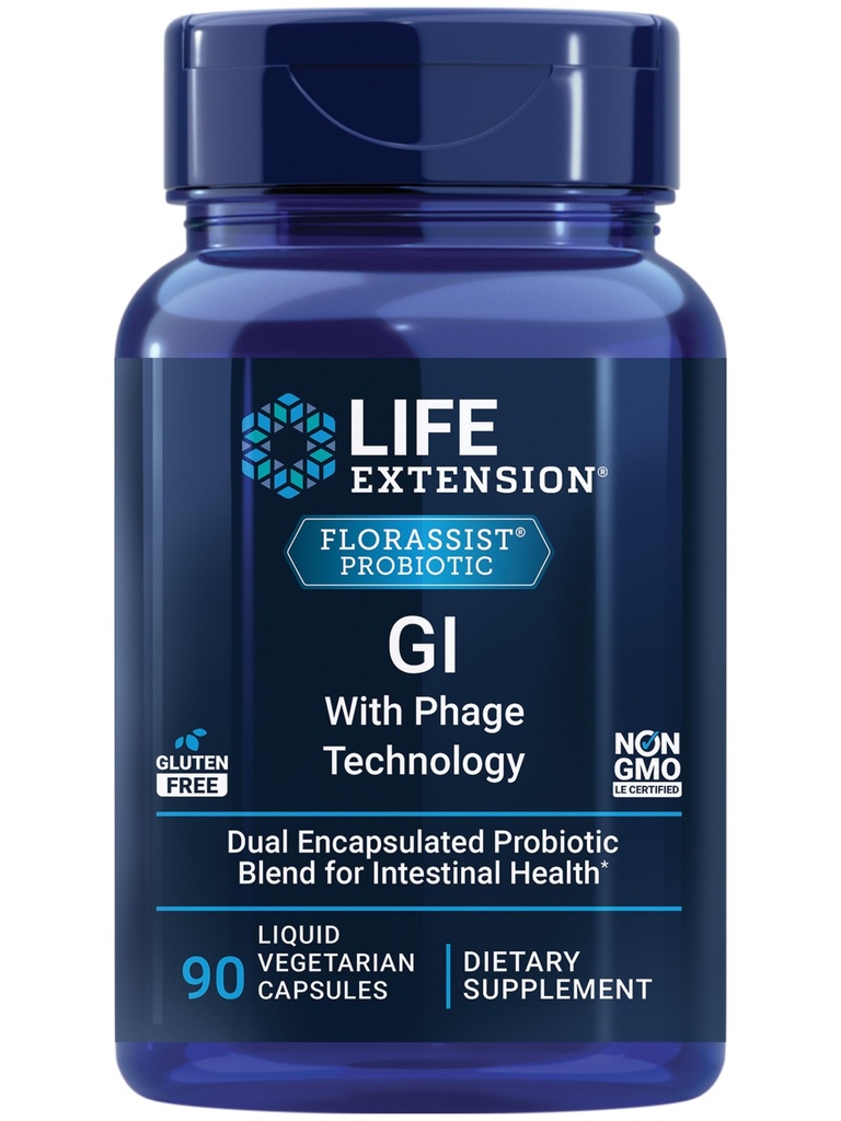 Levensverlenging FLORASSIST GI met Phage Technology, Digestieve Gezondheid, Probiotische Ondersteuning, Nutriënt Absorptie, 7 probiotische stammen, bacteriofaag Blend, 90 Liquid Vegetarian Capsules
