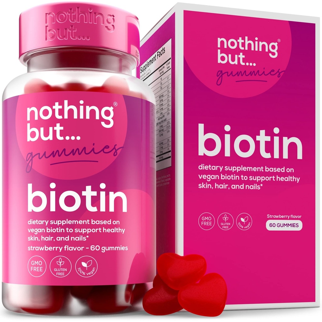 Biotin Gummies for Hair Growth 5100 mcg - Hair, Skin, and Nails Vitamins for Men & Women - with Folic Acid, Vitamins A, C, E & D and Extra Strength for Faster Hair and Nail Growth, 60 Gummies