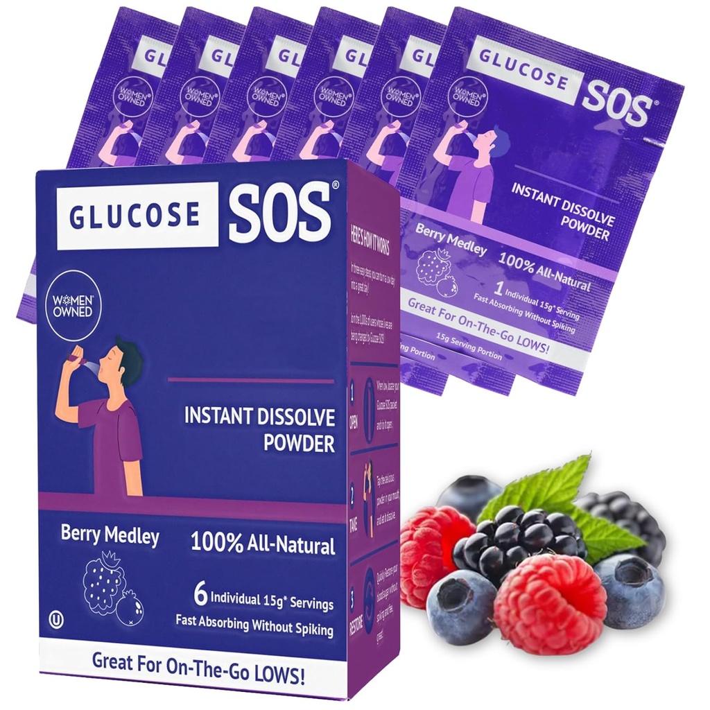 Glucose SOS Glucose Berry Medley Glucose Poeder, Natuurlijke Dextrose Packets, Fast-Absorptie, Direct oplossen, Geen water nodig, 6 Sachets per doos
