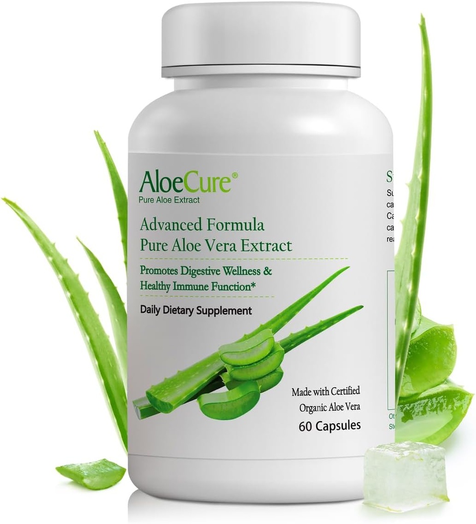 AloëCure Biologische Aloë Vera Capsules, 130.000mg Binnen Aloe Leaf Equivelant per Serving, Support Gut Health & Digestieve Comfort, Maagzuur Buffer, Natuurlijke Immune Supplement, Aloin Free, 60 Capsules