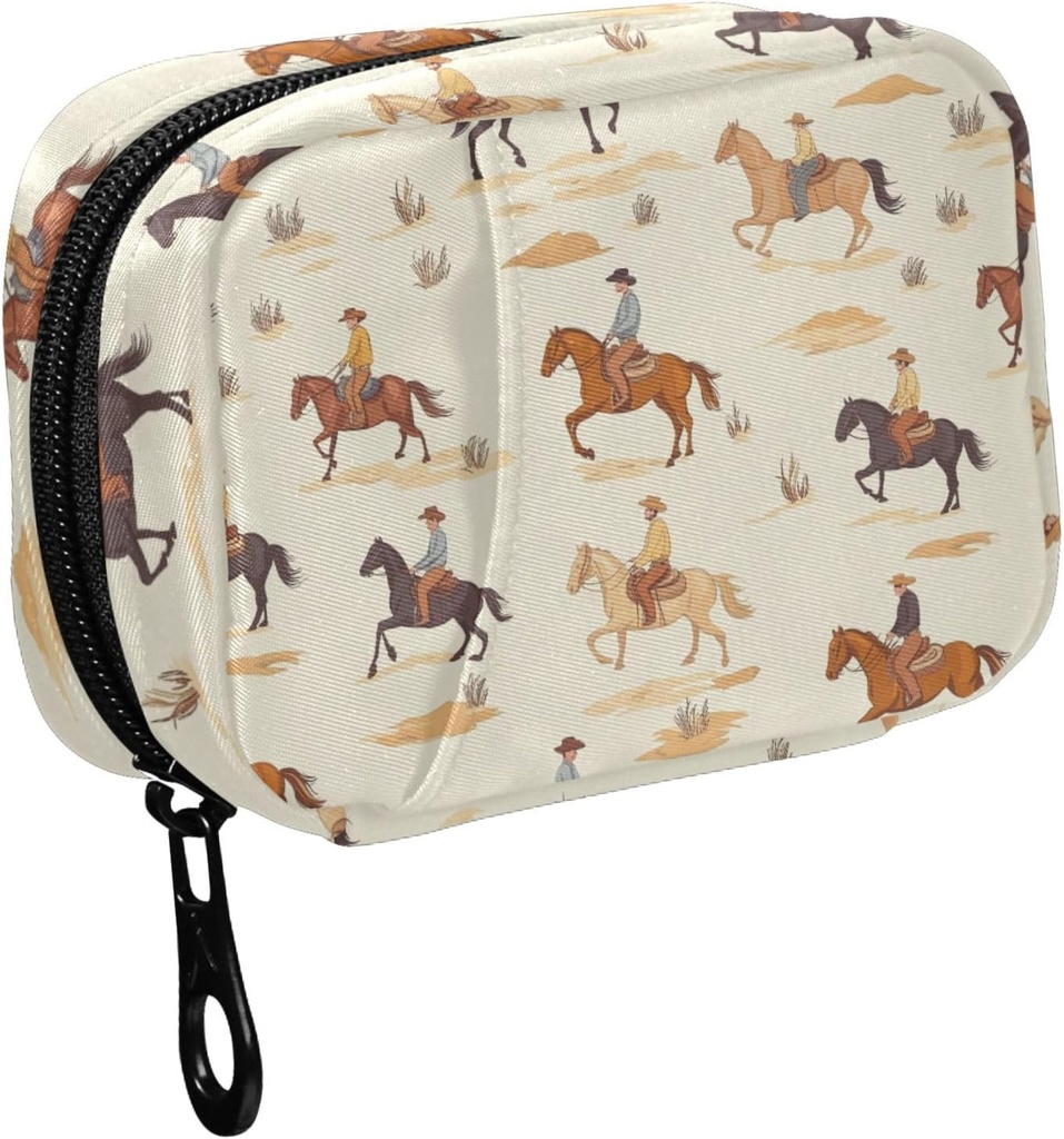 Fustylead Cartoon Cowboy Riding Horse and Cactus Pill Organizer for Purse, Weekly Portable Pill Box with Zipper to Storage Vitamins Fish Oils Medications Supplements