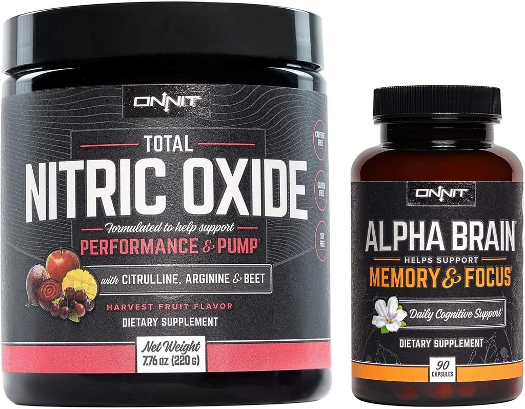 ONNIT Nootropic + Preworkout Stack - Alpha Brain (90ct) + Totaal stikstofoxide (Harvest Fruit)