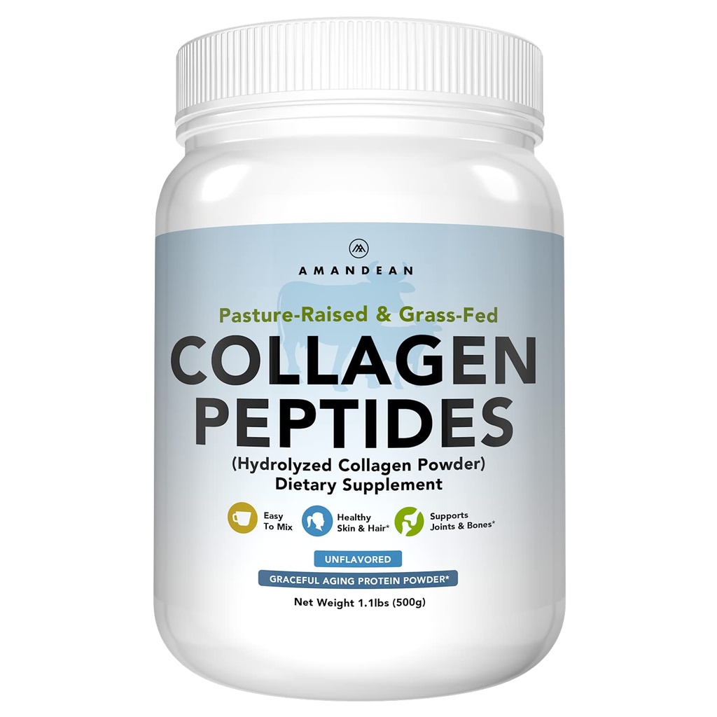 AMANDEAN Collageen Peptides Powder (17,6oz). Gras-Fed Gehydrolyseerd eiwit supplement. Promoot gezonde gewrichten, huid, haar, nagels. Ongemakkelijk te mengen zonder smaak.