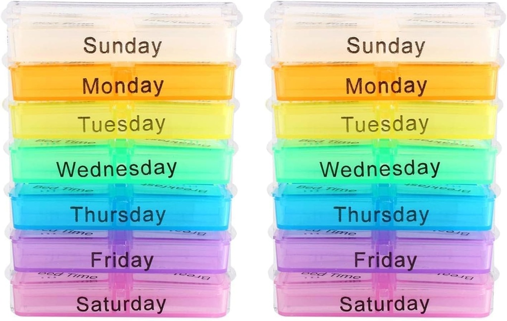 Pillendispenser, 2 PCS pil Organizer 4 keer per dag, 7 dagen pil Box Portable Travel Pill Case Stapelbare afdelingen Persoonlijke geneeskunde Organisator voor Vitaminen Visolie Pillen Supplementen