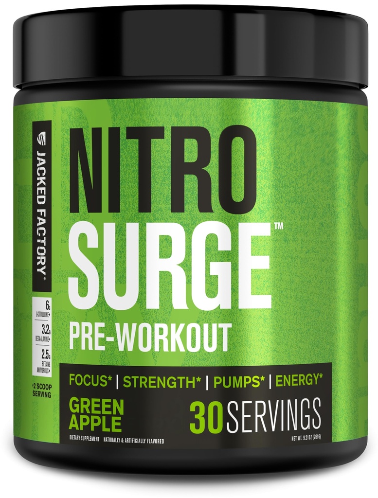 Gejackte fabriek NITROSURGE pre-workout supplement - eindeloze energie, instant kracht winsten, duidelijke focus, intense pompen - NO Booster en krachtige preworkout energiepoeder - 30 porties, groene appel