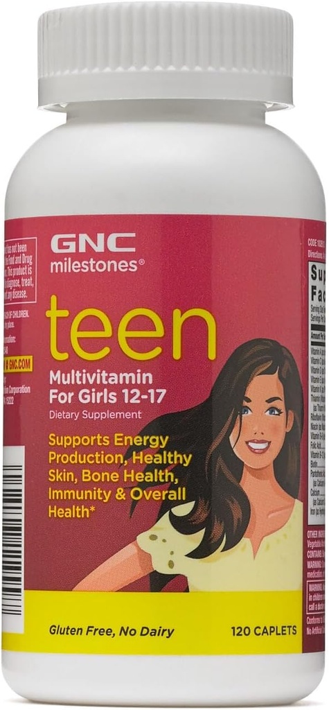 GNC Milestones Teen Multivitamin for Girls 12-17, 120 Caplets, Supports Energy Production and Healthy Skin, Bone Health and Immunity