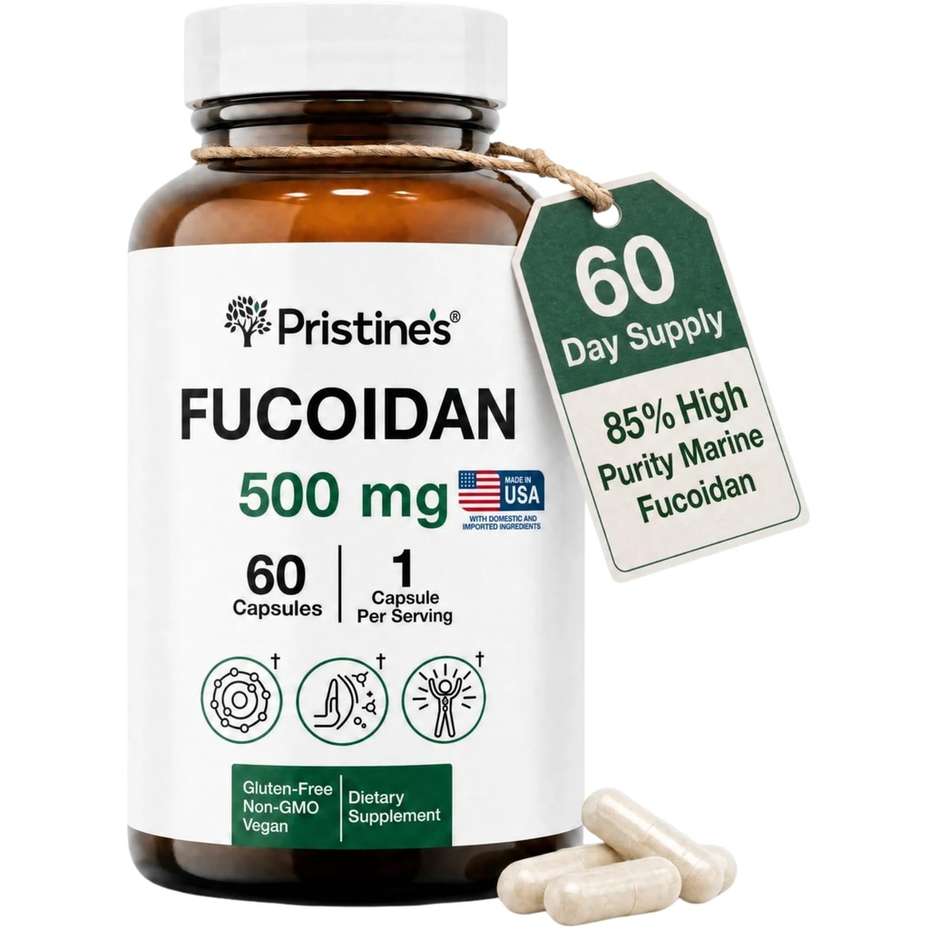 PRISTINE'S Fucoidan 500MG Immunity Supplement Capsules - 60 Day Supply - Bruin Zeewier Extract - Krachtig Herbal Antioxidant Lung Health & Skin Health Ondersteuning