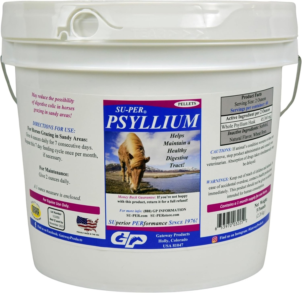 SU-PER Psyllium Pellets Equine Supplement - Onderhoudt gezonde spijsverteringstrek bij paarden - Ondersteunt verwijdering van zand en vuil van intestinale Tract - 5 pond, 1 maand levering