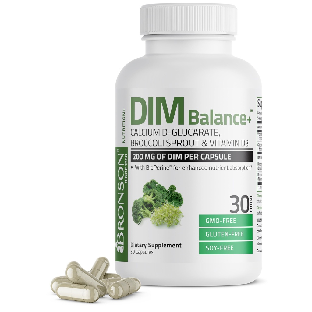 Bronson DIM Balance+ Calcium D-Glucaraat, Broccoli Spruitjes en Vitamine D3 200 MG DIM per capsule Ondersteunt Estrogeen Metabolisme en Balanced Hormone Niveaus Non-GMO, 30 Vegetarische Capsules