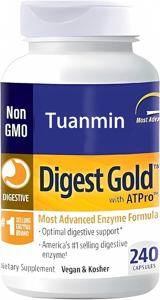 Digest Gold + ATPro Enzyme Supplement - maximale sterkte formule voor spijsverteringsgezondheid - Ondersteunt de spijsvertering van grote maaltijden, helpt verminderen van opgeblazen & gas, 240 capsules