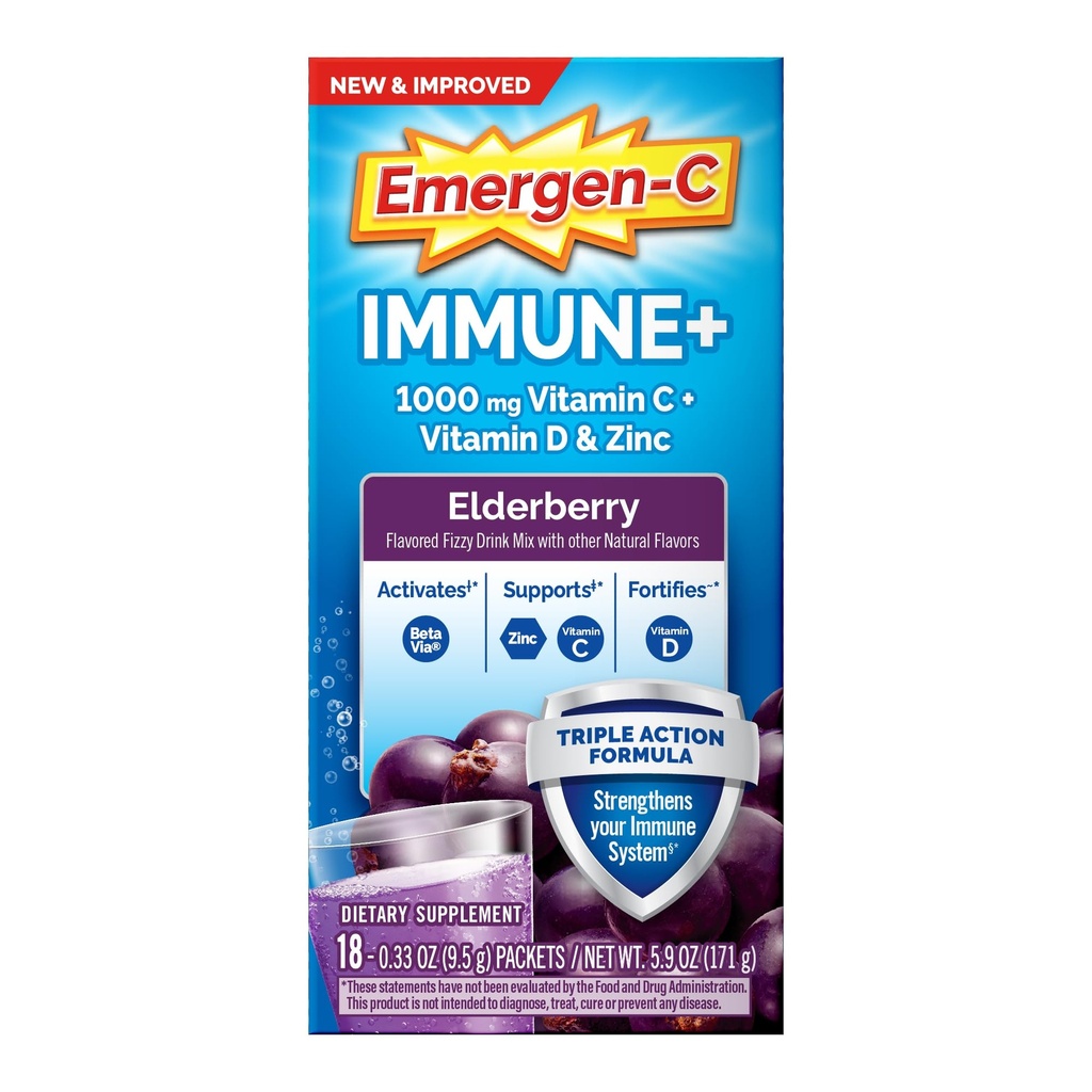 Emergen-C Immune+ Triple Action Immune Support Powder, BetaVia (R), 1000mg Vitamine C, B Vitaminen, Vitamine D en Antioxidanten, Vlierbessen, Terug naar School Essentials 