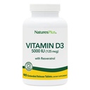 Natures Plus Vitamine D3, Uitgebreide afgifte - 90 Vegan tabletten - 5000 IE + 25 mg Trans-Resveratrol - Hart- en botgezondheid, Immuunsysteemondersteuning, anti-aging - Glutenvrij - 90 porties