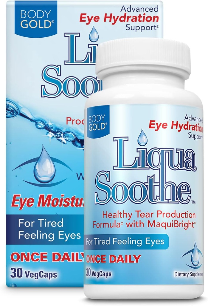 Body Gold Liqua Soothe Eye Health Supplement, gezonde traanproductie Formule voor droge, moe gevoelens van ogen, w/MaquiBright, vitamine A, luteïne en Hyaluronzuur, 60 dagen garantie, 30 Serv, 30 VegCaps