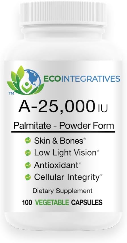 A-25.000 IE Palmitaatpoedervorm (100 capsules) Non-GMO, ondersteunt laag lichtzicht, Immuunondersteuning, Cellular Integrity of Skin & Bones, Antioxidant (Standaard)