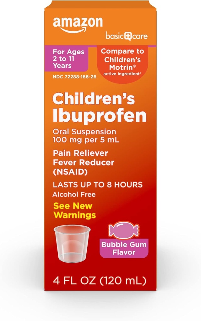 Basiszorg Kinderen Ibuprofen Orale suspensie, 100mg, Bubblegum, 4 fl oz (verpakking van 1)