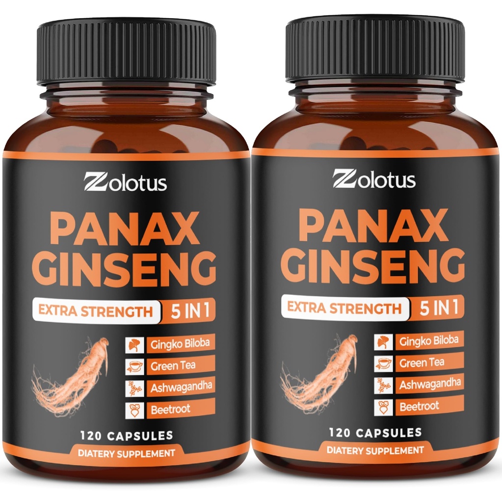 Zolotus Korean Red Panax Ginseng + Ginkgo Biloba, Ashwagandha, Beetroot, Green Tea - 120 Capsules (Pack of 2)