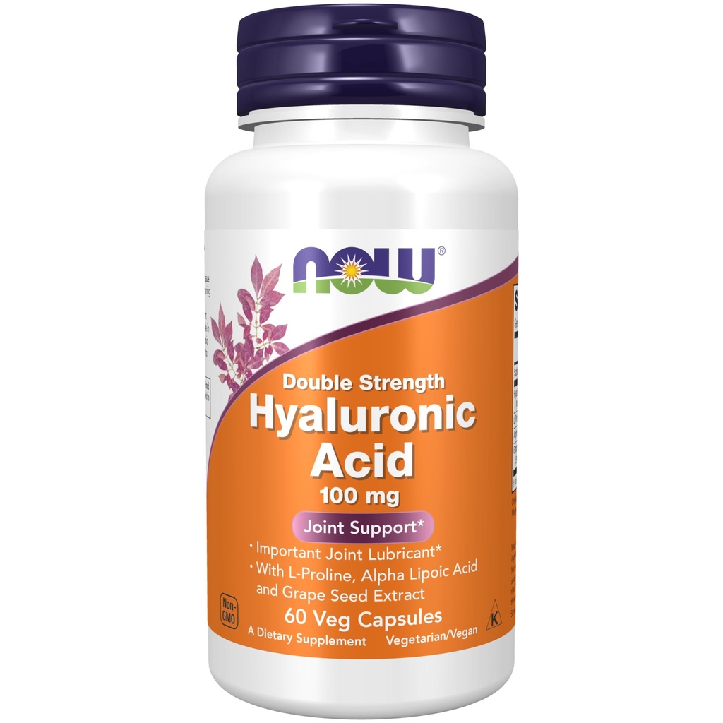 NOW Foods Supplementen, Hyaluronzuur 100 mg, dubbele sterkte met L-proline, Alpha Lipoïnezuur en druivenzaadextract, 60 Veg Capsules