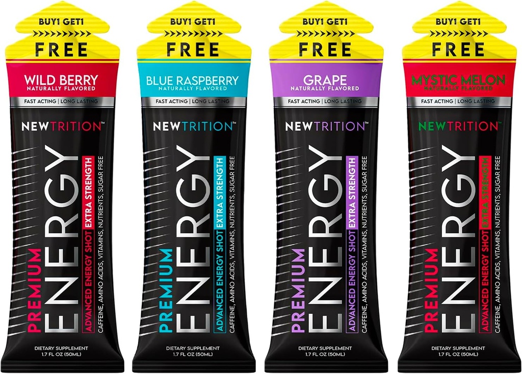 NewTrition® Extra sterkte energie shots, 250mg cafeïne energie met vitamine B & Aminozuren, suikervrije vitamine energie shot, Zero Calorie Focus & Stamina Booster, 1,7 fl oz (pakket van 4, 4 smaken-gemengd-1)