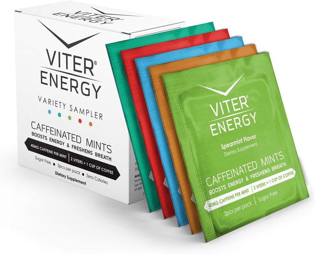 Viter Energy Cafeinated Mints 40mg Cafeïne, B Vitaminen, Suikervrij. (Variatie, 3st, 5 Pack)