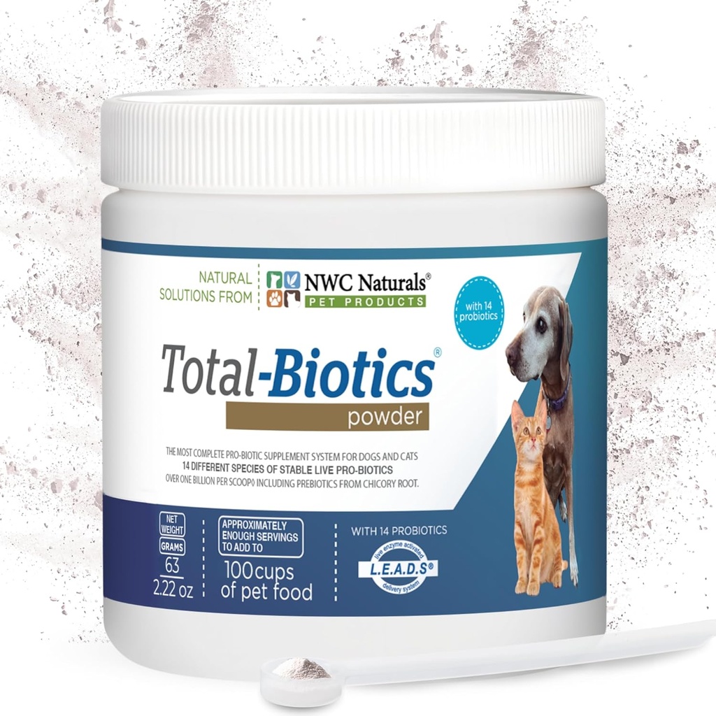 NWC Naturals Total-Biotics, Cat & Dog Probiotics for Digestief Health with Prebiotic, Unflavored Probiotic for Dogs & Cats, Supplement for Gut, Skin, Coat, Mtomach Relief, 100 Servings, 2.22 Ounces