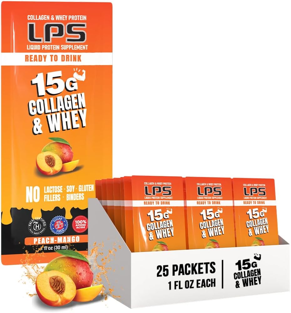 LPS Liquid Collageen & Whey Protein Supplement - Non-GMO Drink, Sugar-Free - bevordert gezonde huid en haar voor mannen en vrouwen, Peach Mango, Single Serve (25 Packets)