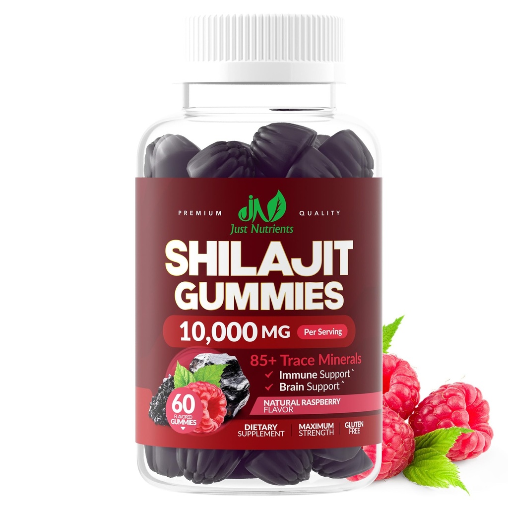 Shilajit Gummies 10.000mg voor mannen en vrouwen - Maximale sterkte Pure Himalaya Shilajit, Glutenvrij, Non-GMO, 100% Vegetarisch - Natuurlijke Raspberry Flavor - 60 Tellen