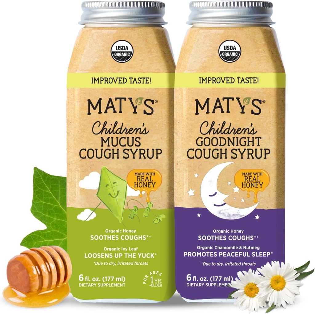 Matys Organic Kids Cough Syrup Mucus & Nighttime Value Pack for Children 1 Year + Up, Soothing All-in-One Cough and Mucus Relief w/Zinc & Organic Ivy Leaf, Melatonine & Dye Free, 2 Pack, 6 Fl Oz Each