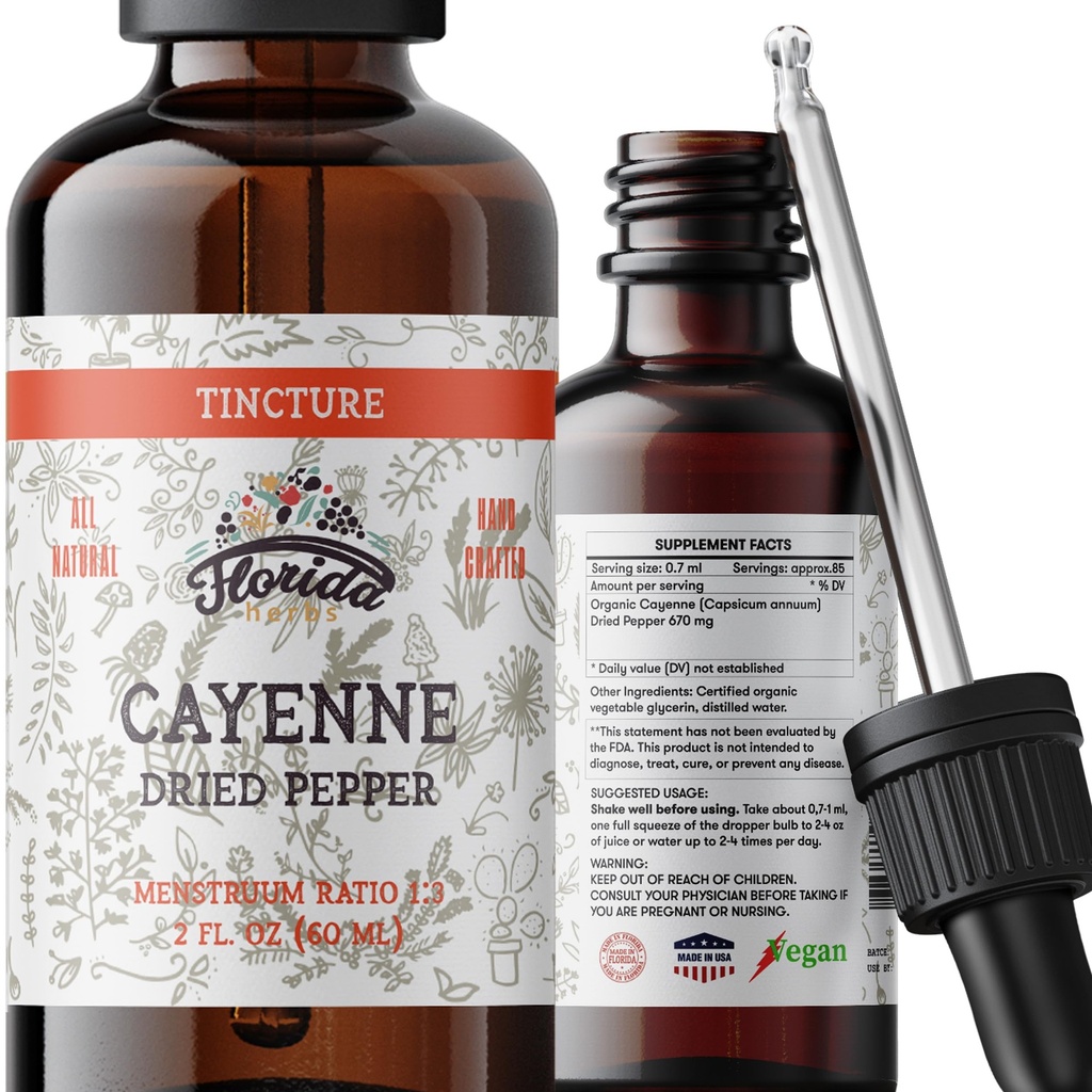 Cayenne Tinctuur Extract, Biologische Cayenne (Capsicum annuum) Gedroogde peper - Plantaardige Glycerine - Non-GMO - 2 oz