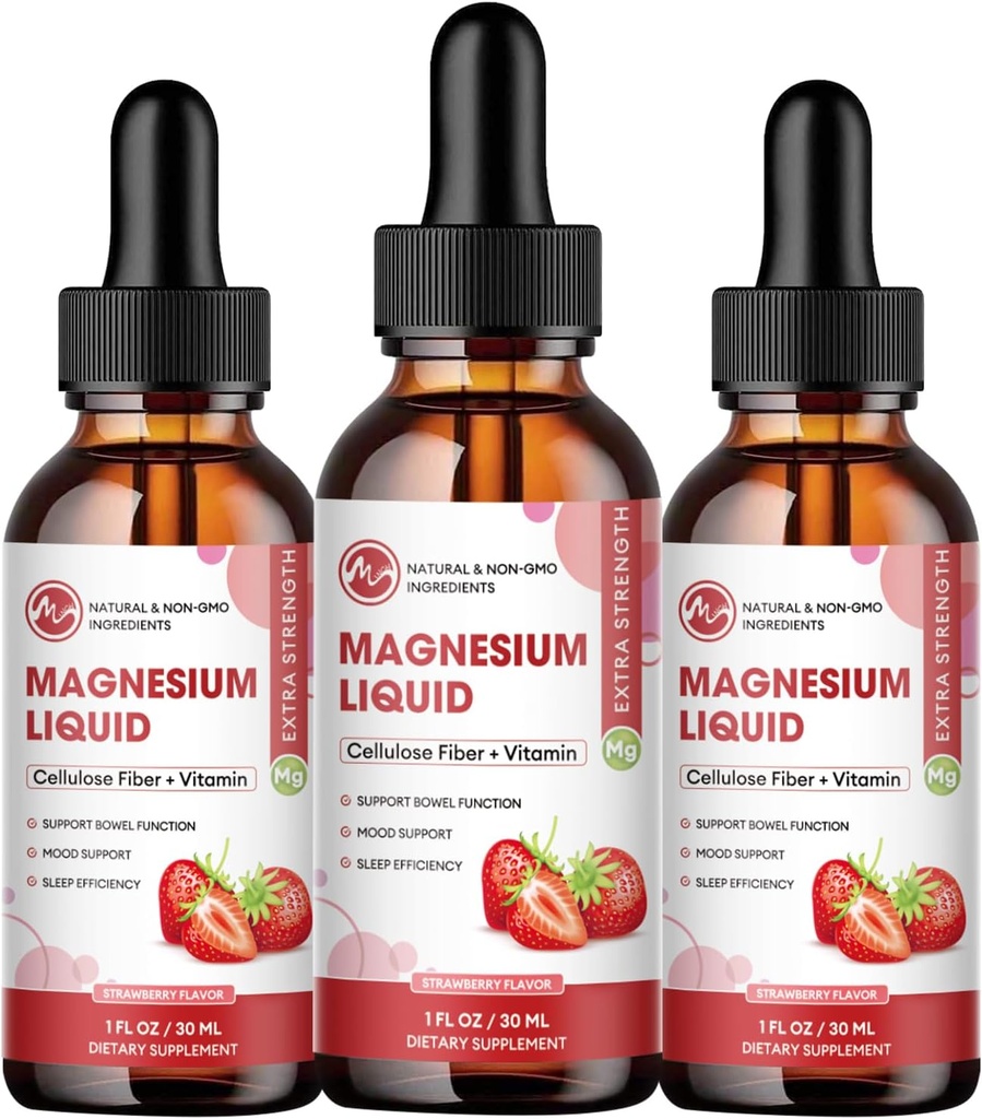 (3 Pack) Magnesium Glycinate Liquid Drops, Hoge Absorptie Magnesium Liquid met Bromelain, Vitamine B6 C D, Magnesium Supplement voor kinderen en volwassenen, Night & Muscle Support, Aardbei Smaak